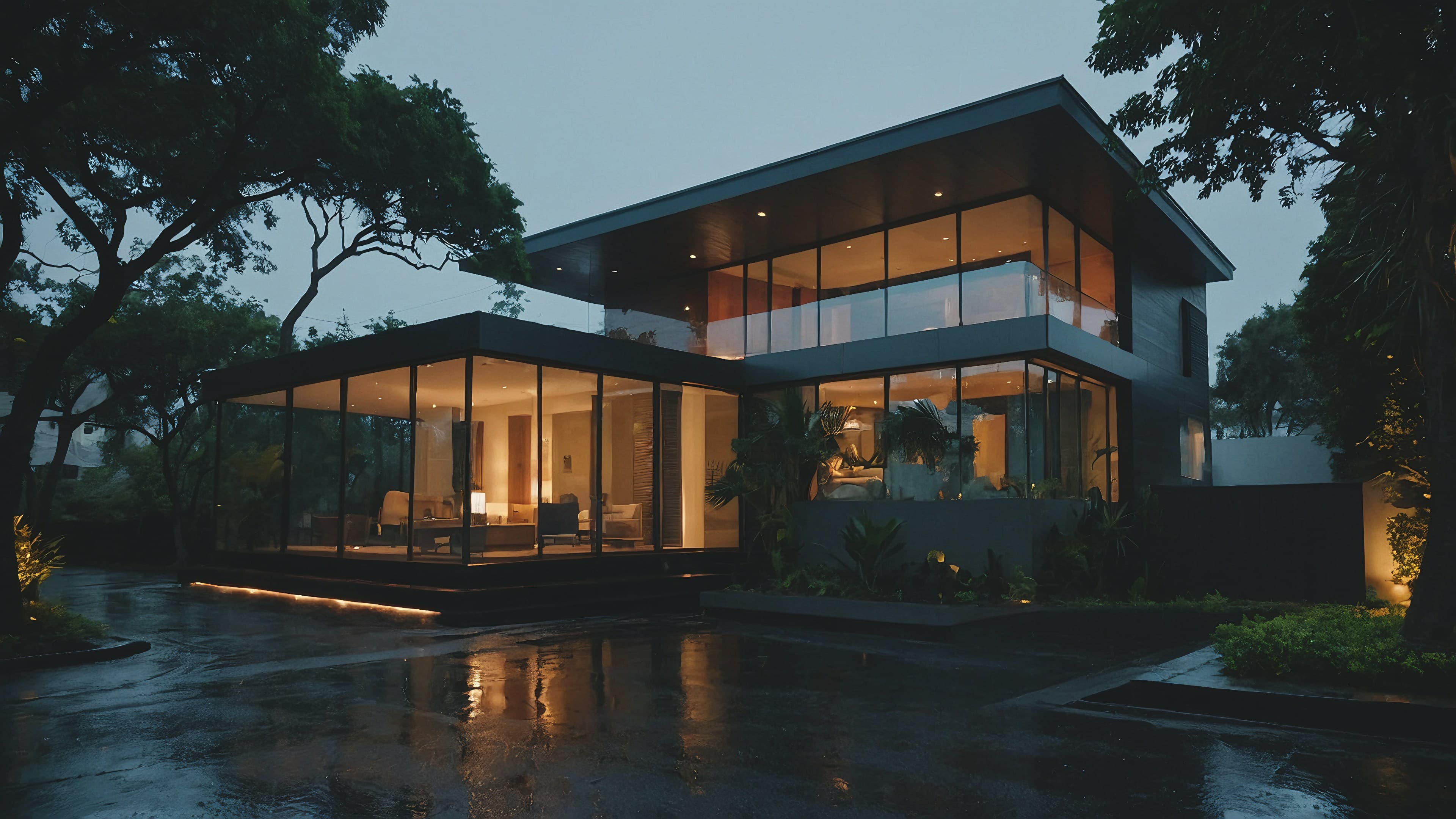 Une maison d'hôtes éclairée au crépuscule